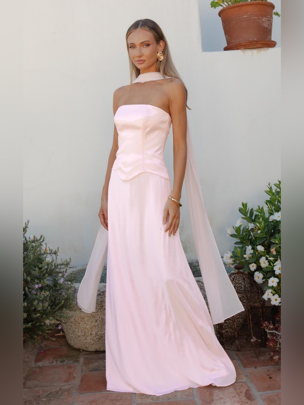 Strapless Pale Pink Satin Evening Gown with Scarf Detail